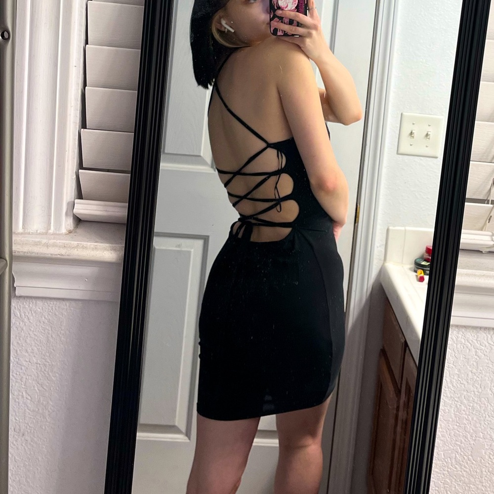 corset tie open back fitted black dress